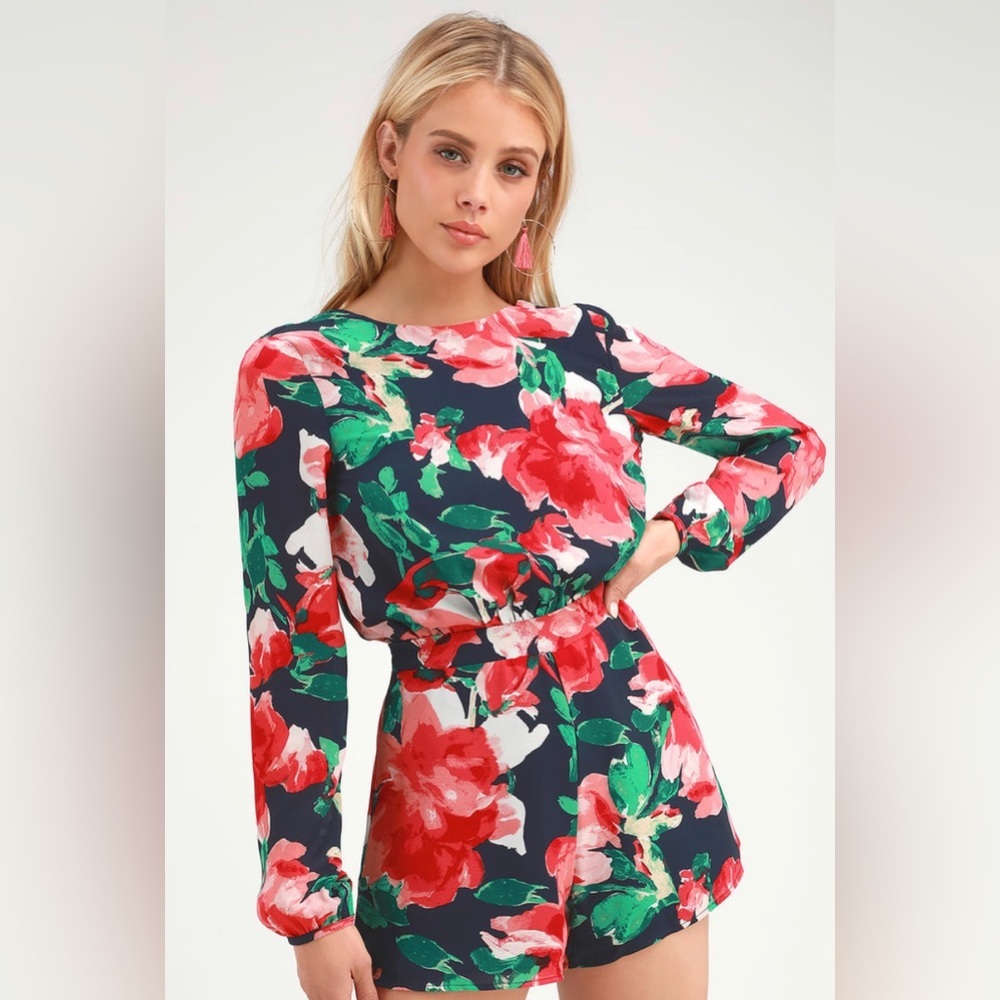 Lulus Sweetest Song Backless Long Sleeve Blue Floral Print Romper Size Large